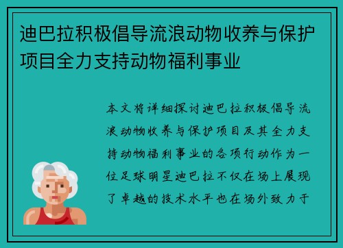 迪巴拉积极倡导流浪动物收养与保护项目全力支持动物福利事业 迪巴拉积极倡导流浪动物收养与保护项目全力支持动物福利事业