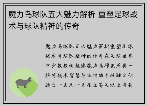 魔力鸟球队五大魅力解析 重塑足球战术与球队精神的传奇 魔力鸟球队五大魅力解析 重塑足球战术与球队精神的传奇